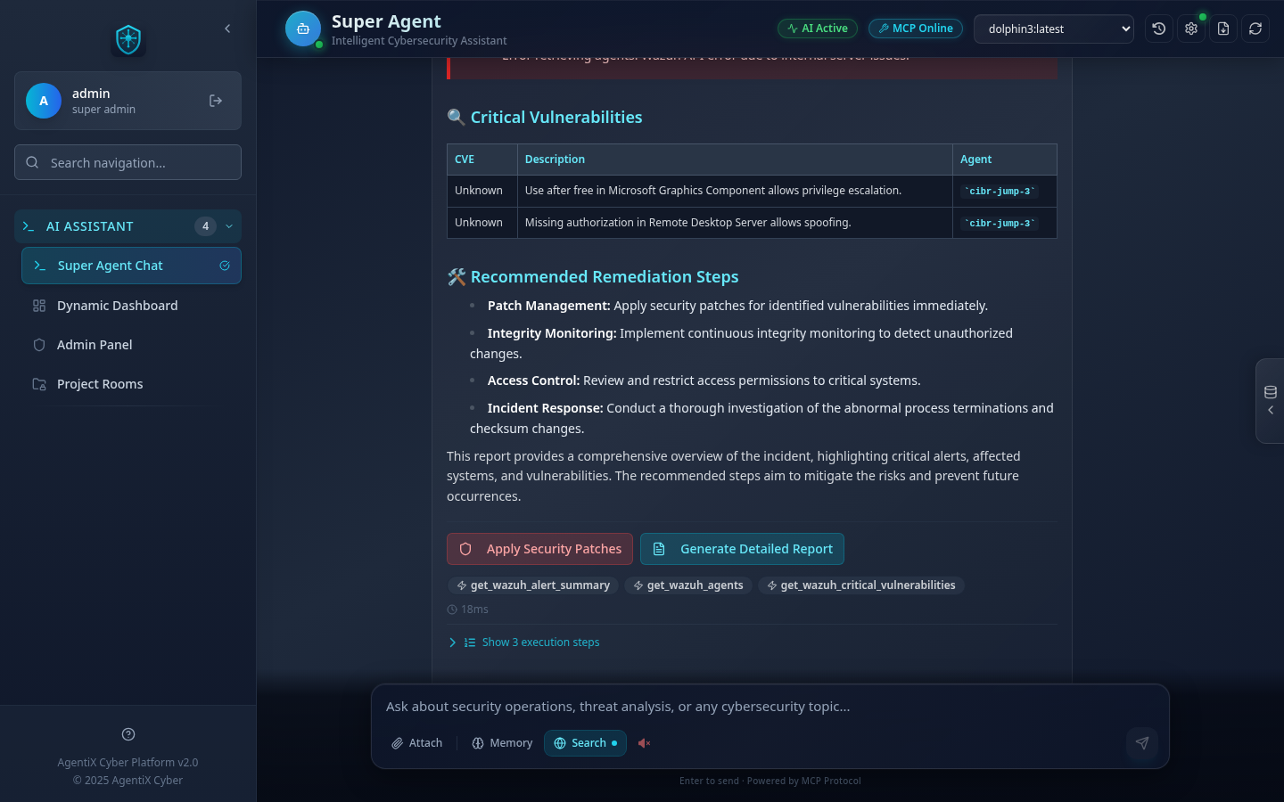 AgentiX Cyber incident report showing CVE analysis with CVSS scores, remediation priority matrix, and action buttons for export and sharing