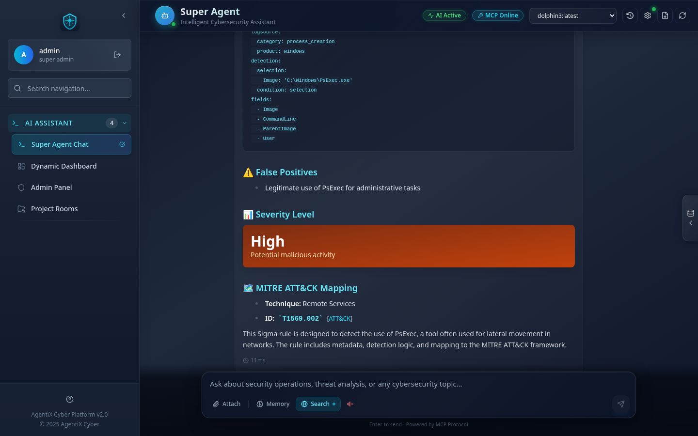 AgentiX Cyber generating a Sigma detection rule with YAML code block, MITRE ATT&CK T1570 mapping, severity level badge, and false positive guidance