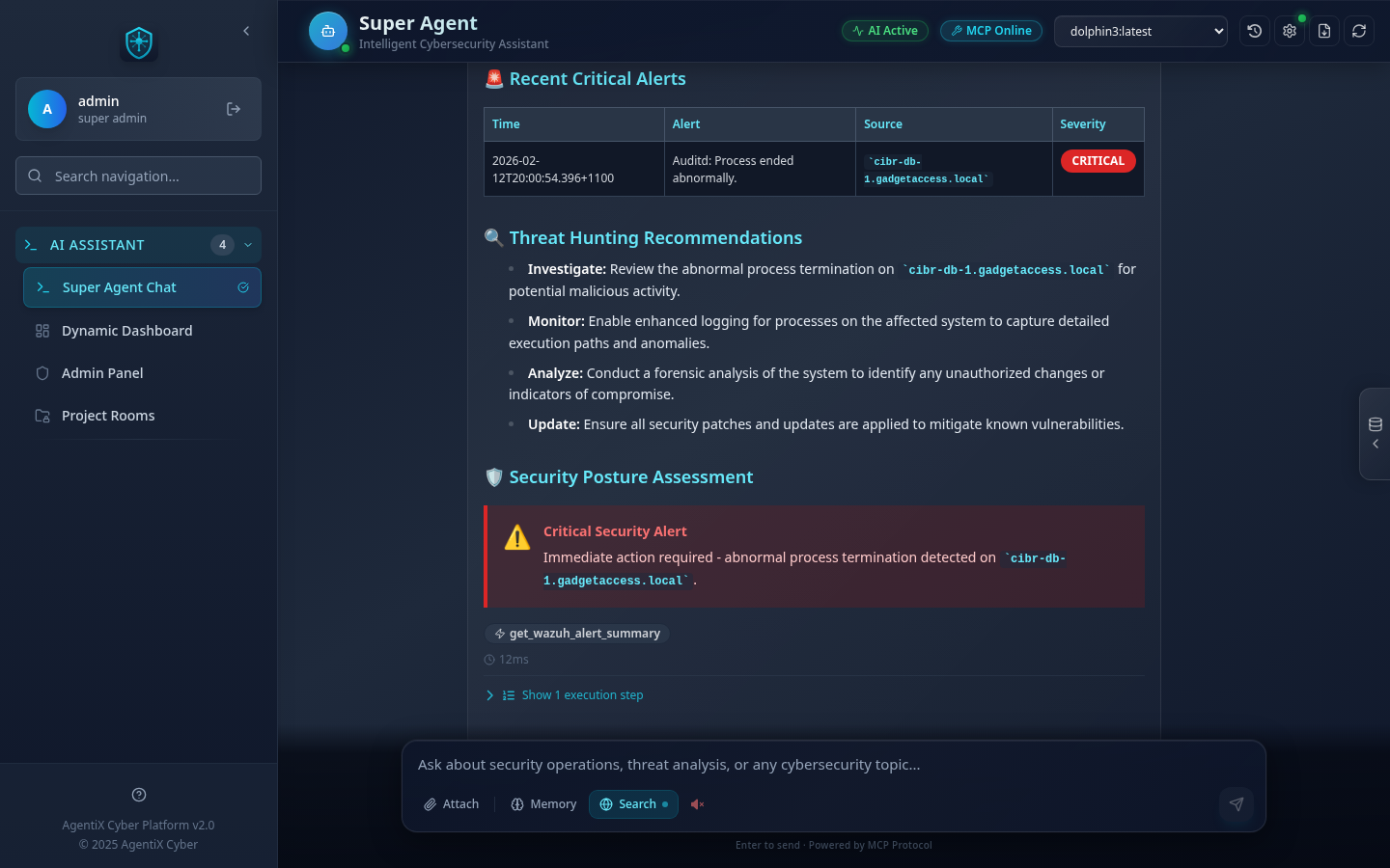 AgentiX Cyber threat analysis response showing critical alerts table with severity levels, threat hunting recommendations with MITRE ATT&CK mappings, and security posture assessment