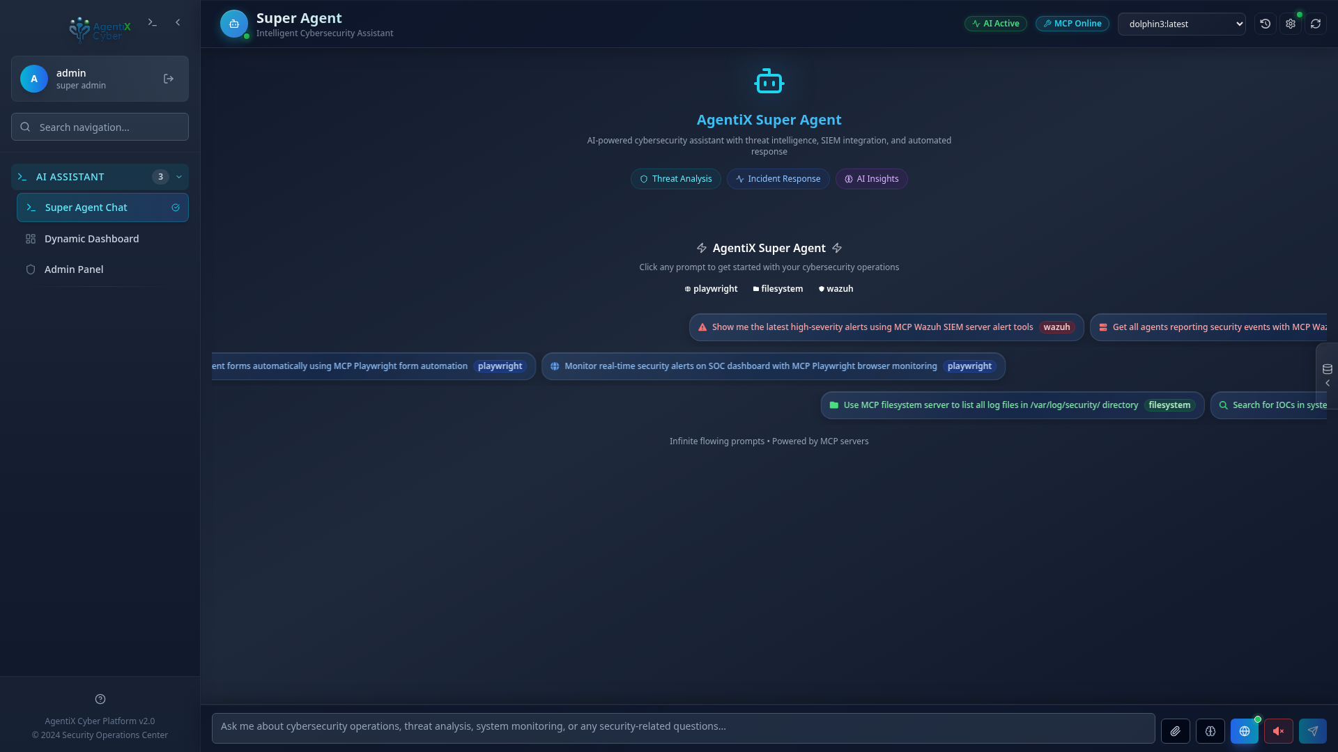 AgentiX Super Agent chat interface with MCP integration