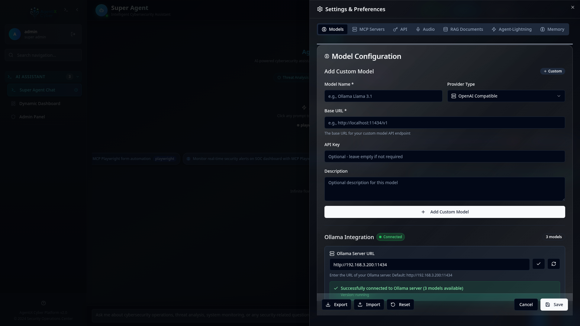AgentiX Settings panel showing model configuration and Ollama integration
