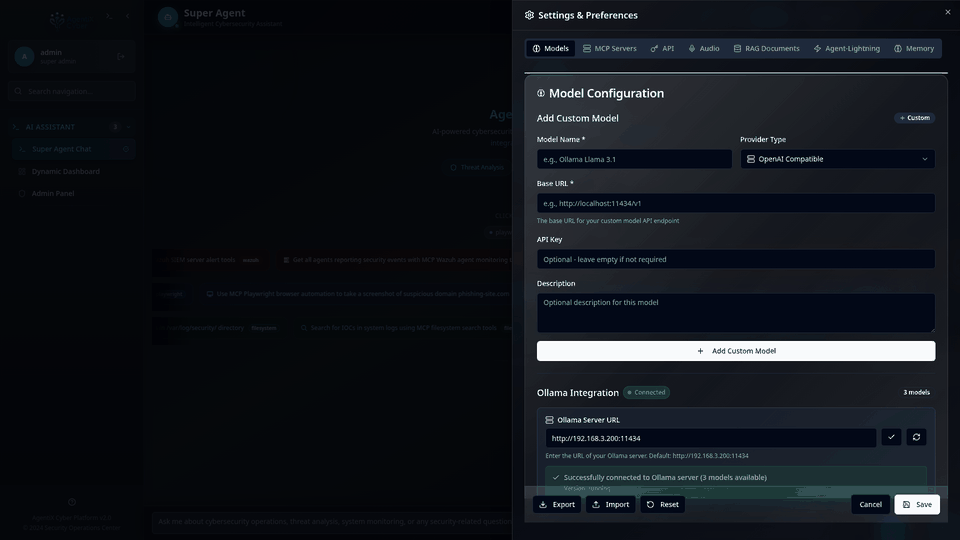 Settings panel showing tab navigation across Models, MCP, API, Audio, RAG, and Memory