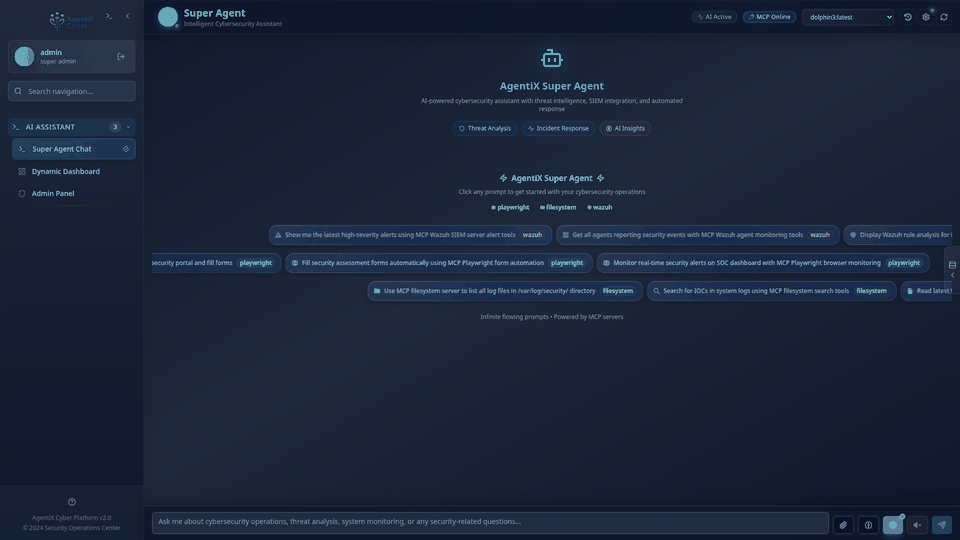 Super Agent typing animation showing security query