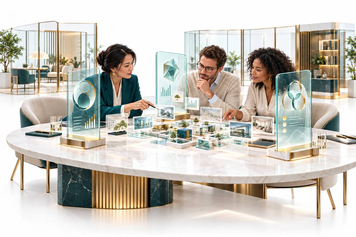Illustration of a mixed business team collaborating around a shared table of translucent data panels