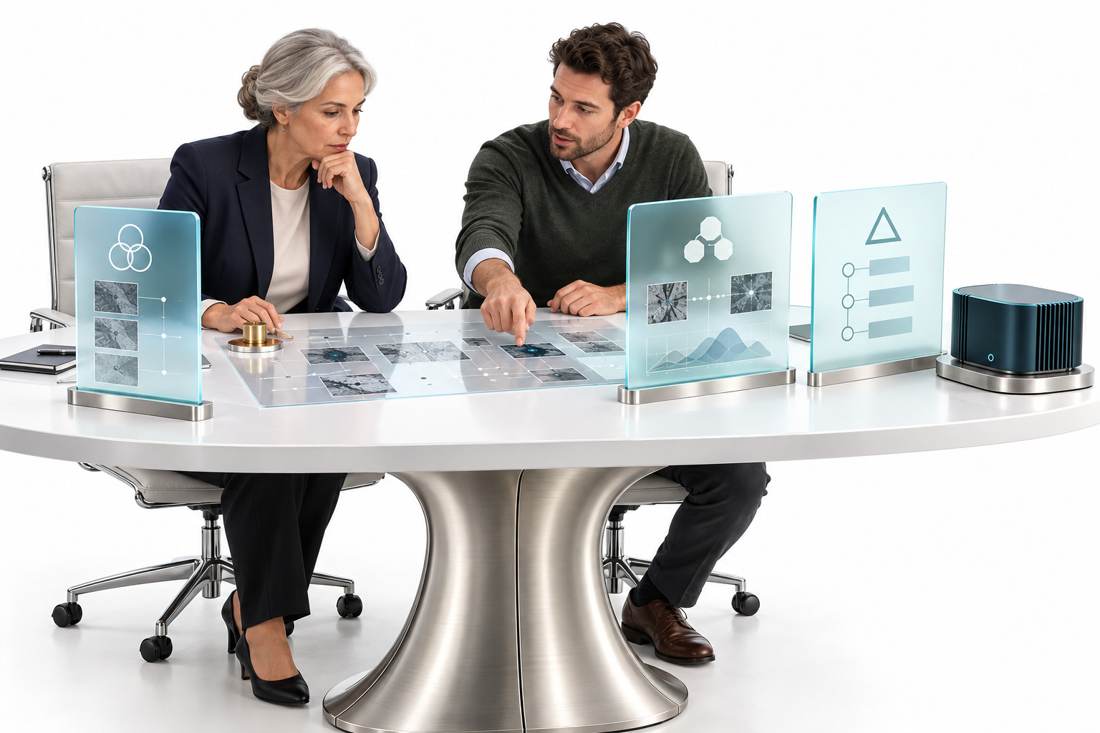 Illustration of a human-led security team reviewing evidence on shared screens with agent support